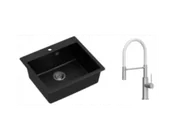 Zlewozmywaki z baterią - Quadron Zlewozmywak granitowy jednokomorowy 57*50*22 cm MORGAN 110 PURE CARBON czarny ze stalowym odpływem z baterią GEMMA Q LINE SLIM z ruchomą wylewką kolor stal szczotkowana/biały wąż - miniaturka - grafika 1