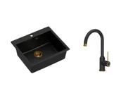 Zlewozmywaki z baterią - Quadron Zlewozmywak granitowy jednokomorowy 57*50*22 cm MORGAN 110 PURE CARBON czarny z miedzianym odpływem z baterią INGRID Q LINE PURE CARBON kolor czarny mat/wykończenie miedź - miniaturka - grafika 1