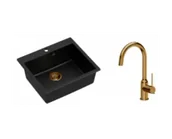 Zlewozmywaki z baterią - Quadron Zlewozmywak granitowy jednokomorowy 57*50*22 cm MORGAN 110 PURE CARBON czarny z miedzianym odpływem z baterią INGRID Q LINE kolor miedziany - miniaturka - grafika 1