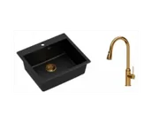 Zlewozmywaki z baterią - Quadron Zlewozmywak granitowy jednokomorowy 57*50*22 cm MORGAN 110 PURE CARBON czarny z miedzianym odpływem z baterią JESSICA Q LINE z wyciąganą wylewką i funkcją prysznica kolor miedziany - miniaturka - grafika 1