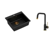 Zlewozmywaki z baterią - Quadron Zlewozmywak granitowy jednokomorowy 57*50*22 cm MORGAN 110 PURE CARBON czarny z miedzianym odpływem z baterią NATALIE Q LINE PURE CARBON kolor czarny mat/ wykończenie miedź - miniaturka - grafika 1