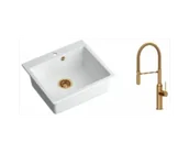 Zlewozmywaki z baterią - Quadron Zlewozmywak granitowy jednokomorowy 57*50*22 cm MORGAN 110 SNOW WHITE z miedzianym odpływem z baterią MARILYN Q LINE z ruchomą wylewką kolor miedziany - miniaturka - grafika 1