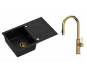 Zlewozmywaki z baterią - Quadron Zlewozmywak granitowy jednokomorowy 78*50*22 cm z ociekaczem MORGAN 111 PURE CARBON czarny ze złotym odpływem z baterią JENNIFER Q LINE SLIM z wyciąganą wylewką i funkcją prysznica kolor złoty - miniaturka - grafika 1
