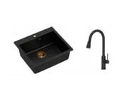 Zlewozmywaki z baterią - Quadron Zlewozmywak granitowy jednokomorowy 57*50*22 cm MORGAN 110 PURE CARBON czarny z miedzianym odpływem z baterią JESSICA Q LINE PURE CARBON z wyciąganą wylewką i funkcją prysznica kolor czarny mat - miniaturka - grafika 1