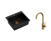 Zlewozmywaki z baterią - Quadron Zlewozmywak granitowy jednokomorowy 57*50*22 cm MORGAN 110 PURE CARBON czarny z miedzianym odpływem z baterią JODIE Q LINE SLIM kolor miedziany - miniaturka - grafika 1