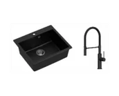 Zlewozmywaki z baterią - Quadron Zlewozmywak granitowy jednokomorowy 57*50*22 cm MORGAN 110 PURE CARBON czarny ze stalowym odpływem z baterią GEMMA Q LINE SLIM PURE CARBON z ruchomą wylewką kolor czarny/czarny wąż - miniaturka - grafika 1